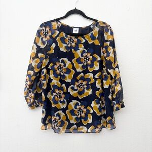 Cabi Lydia Floral Blouse Blue and Yellow Spring Women's Size M